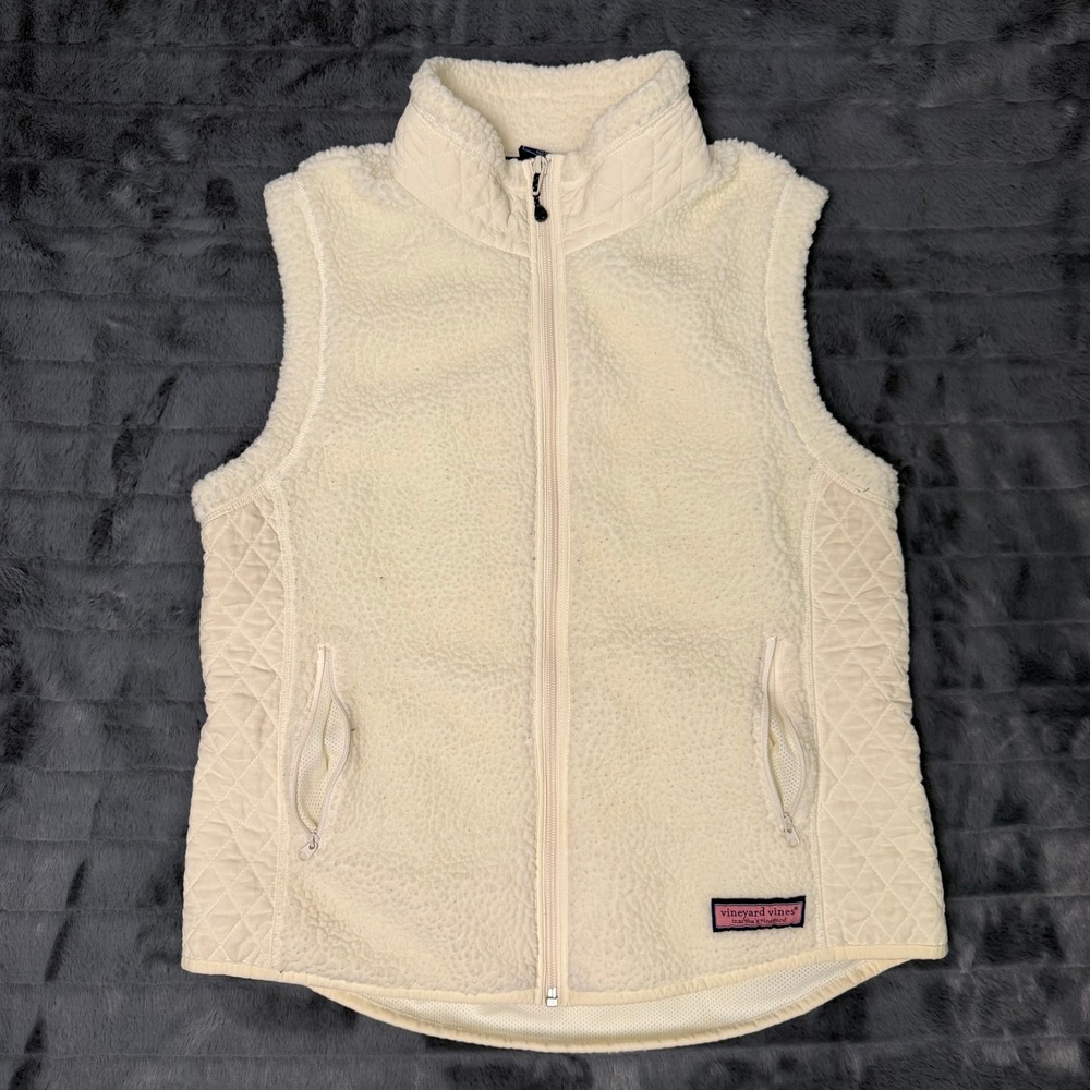 Vineyard Vines Fleece Vest Womens Large Cream Quilted Sherpa Full Zip Martha's V
